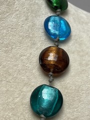 Vintage Artisan Glass Disks Double Knotted Cord Necklace Blue Green Topaz 20”