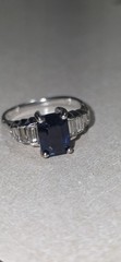 Vintage 18K White Gold Art Deco Sapphire Ring Emerald Cut Baguette Diamond Sz 6