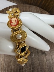 Gold Tone Sliding Charm Bracelet Double Chain Cameo Flower Heart Rhinestones