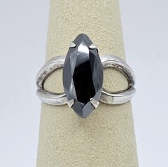Vintage Sterling Silver Marquise Hematite Ring Size 5.5 Split Shank Navette Goth