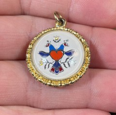 Vintage double sided bird pendant gold tone red white blue