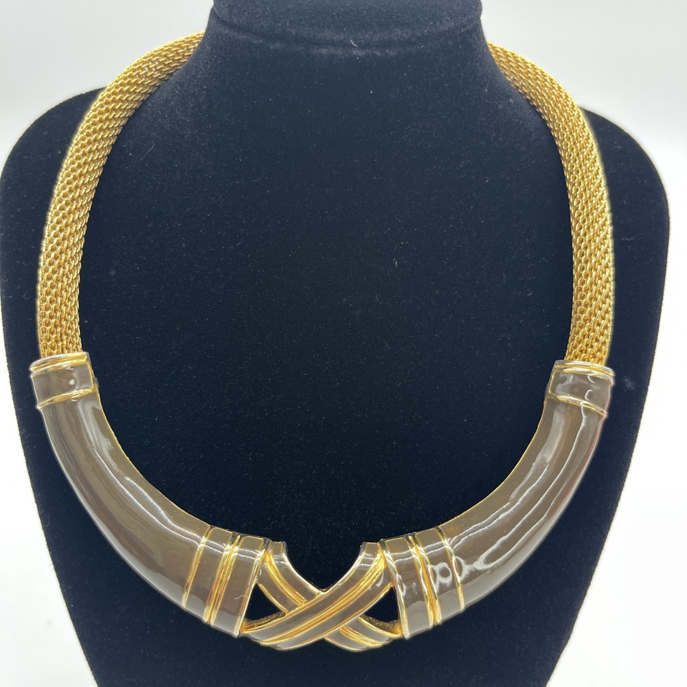 Lanvin Paris Gold Tone Mesh & Brown Enamel Choker Necklace 15” Vintage Signed