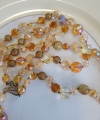Vintage 3 Strand Necklace Amber, Gold, Pink 1940s-1950’s Glass Aurora Borealis
