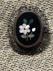 Antique 800 Silver Pietra Dura Floral Mosiac Filigree Oval Brooch