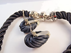 Vintage Twisted Black Cord Push Snap Lock Choker and Clip on Earring Set