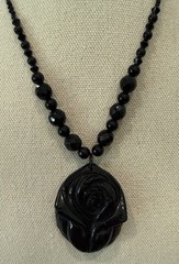 Black Onyx Necklace With Carved Rose Pendant And Graduated Faceted Beads 17.5”