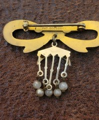 Vintage Bow Pin With Dangling Beads, 1.5 Inches, Brass?