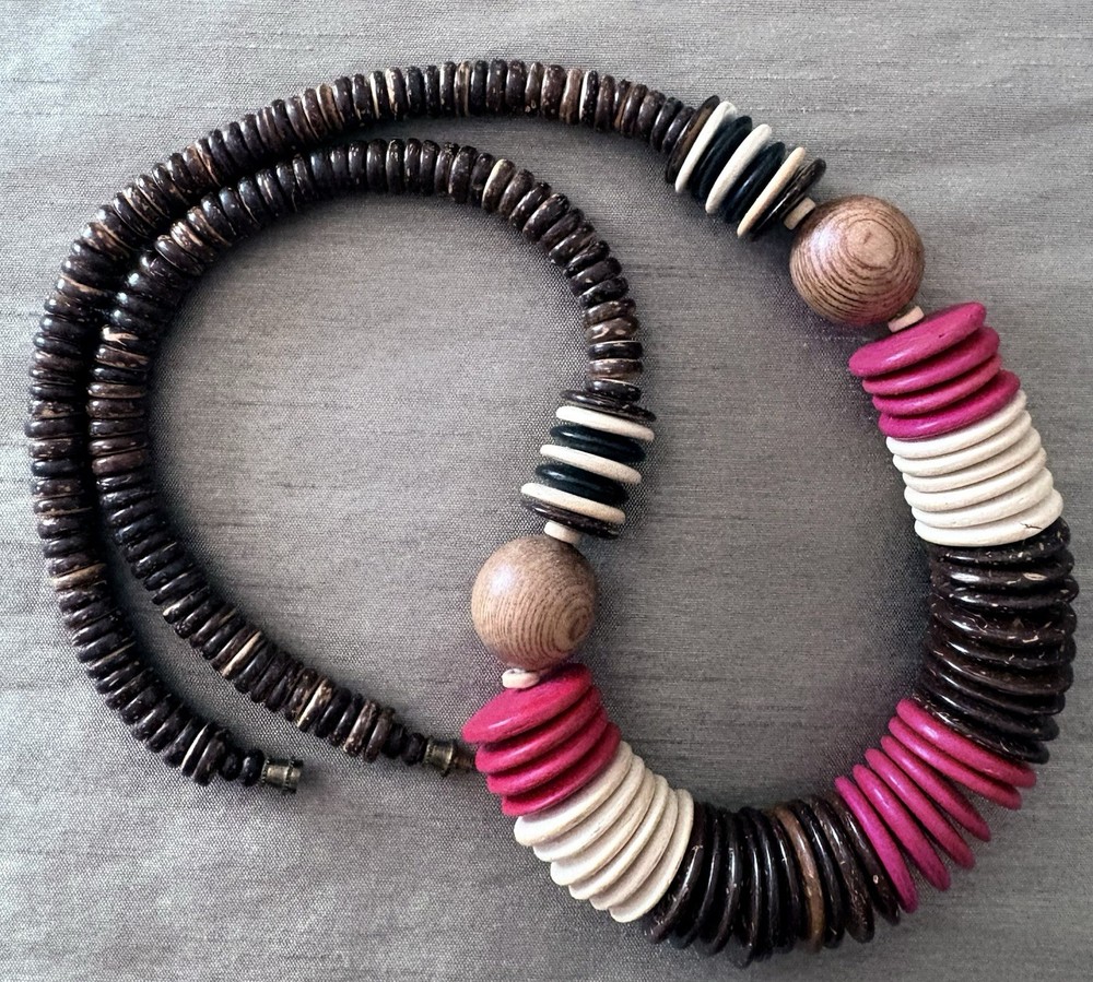 Vintage 24” Wooden Bead’s and disk Chunky Necklace various colors