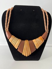 Signed Napier Vintage Brown Tan Double Strand Beaded Statement Bib Necklace