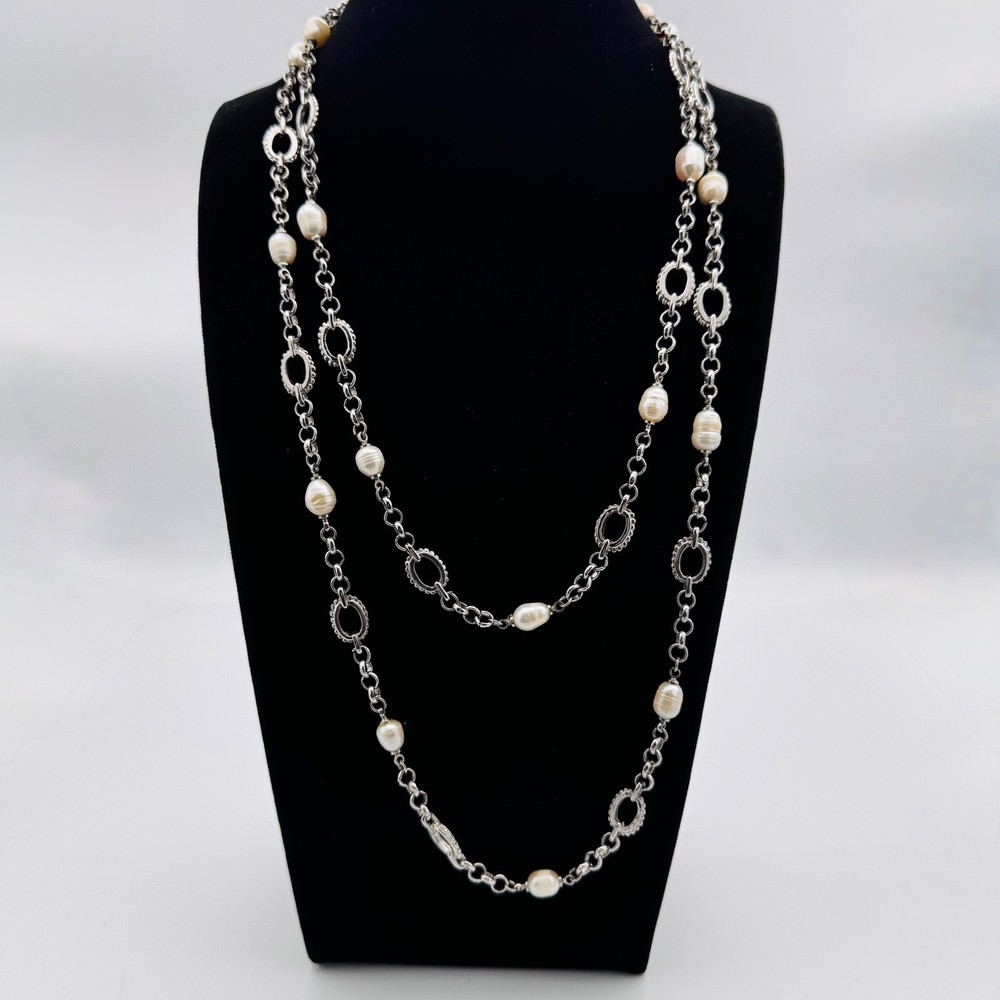 Vintage Baroque Pearl Opera Length Necklace Silver Tone Station Chain 45 in 50g