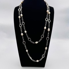 Vintage Baroque Pearl Opera Length Necklace Silver Tone Station Chain 45 in 50g
