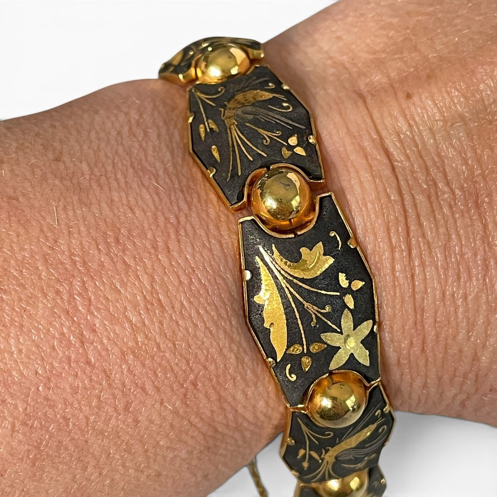Vintage Spanish Damascene Bird Floral Gold Inlay Link Bracelet Safety Chain