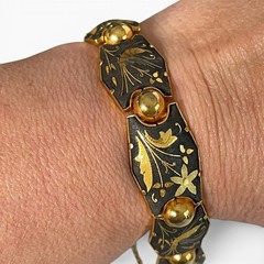 Vintage Spanish Damascene Bird Floral Gold Inlay Link Bracelet Safety Chain