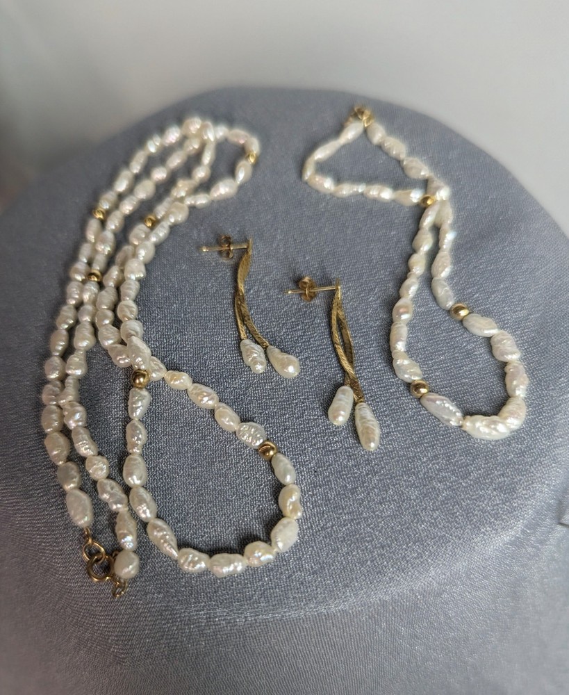 Vtg 3 pc Pearl Seed 17′ Long Necklace w/Pearl Earrings & Pearl Bracelet 7 1/2