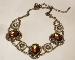 VCLM rhinestone clear & amber gold tone necklace choker