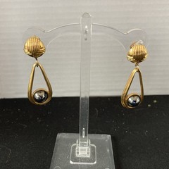 Vintage MCM Lanvin Gold Tone and hematite Dangle Clip On Earrings 1 3/4″