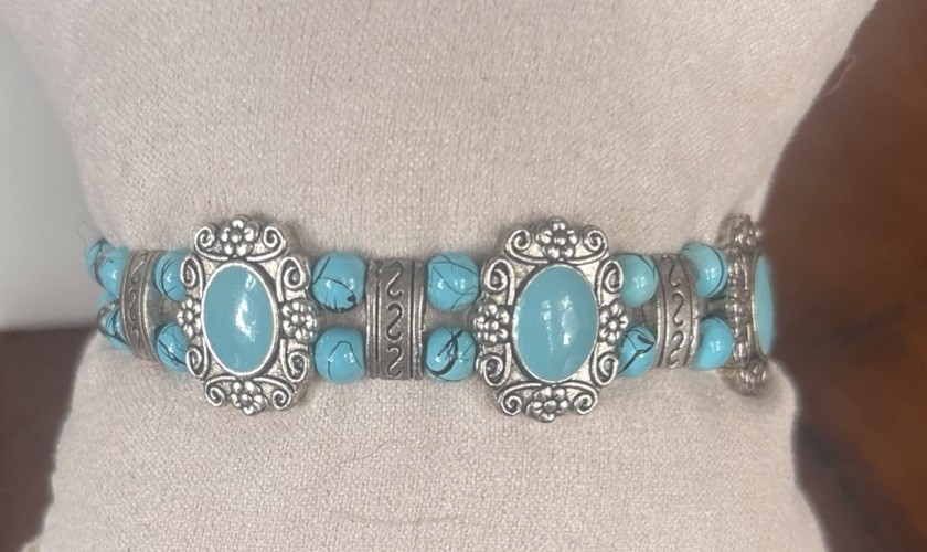 VTG Southwest Western Silver Turquoise Cabochons & Beaded Bracelet Adjustable