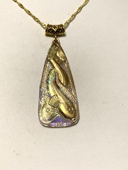 LAST ONE*RARE-ANT.EGYPT REVIVAL GOLD AURORA CZECH GLASS FISH TRIANGLE NECKLACE.g