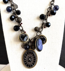 Vtg. Victorian Style Necklace Star Pendant Cameo Charms Black Glass Beads Brass