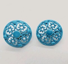 Turquoise Blue Filigree Clip on Earrings enamel Round Couture Vintage .75 in