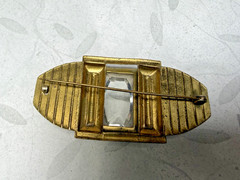 Art Deco gold-tone Etched Glass Fur Clip, Dress Clip or Brooch with C closure
