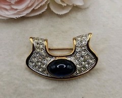 Vintage Lanvin Germany Brooch Pin Rhinestone Blue Cabochon Signed Gold Tone