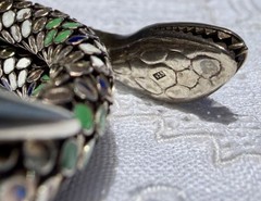 Antique German Art Deco Colorful Enamel SNAKE 935 Silver Wrap Bracelet
