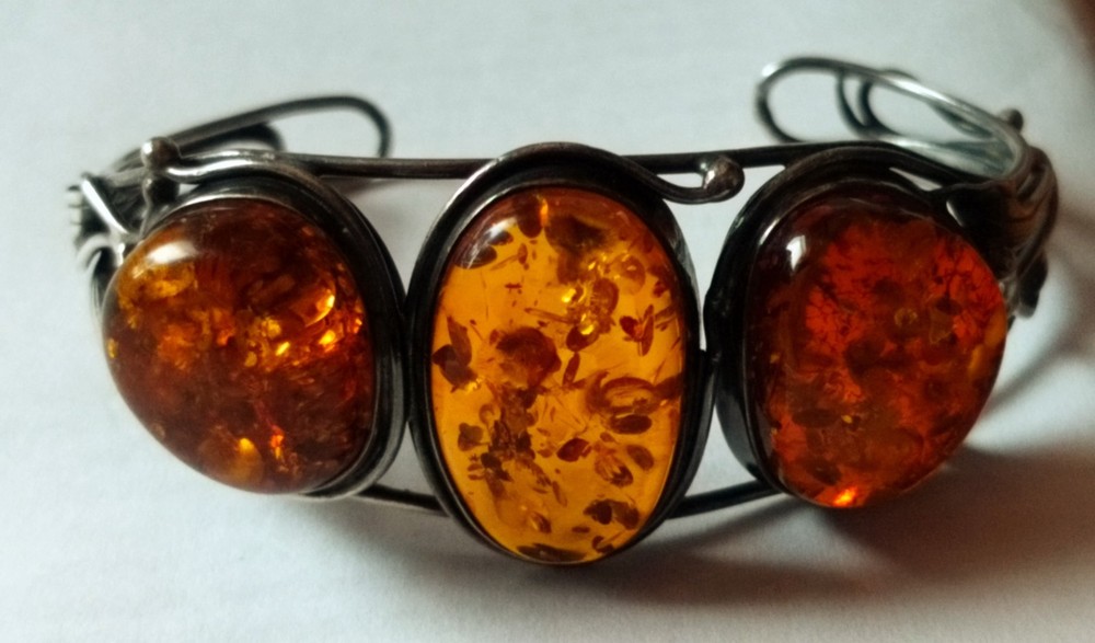 Sterling Silver Cuff Bracelet With Baltic Amber Stones.