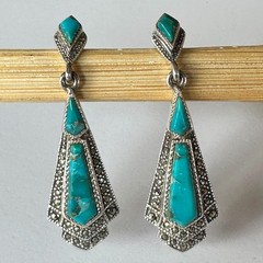 Vintage 925 Sterling Silver Marcasite Mixed Blue Turquoise Earrings Drop 4.5 cm