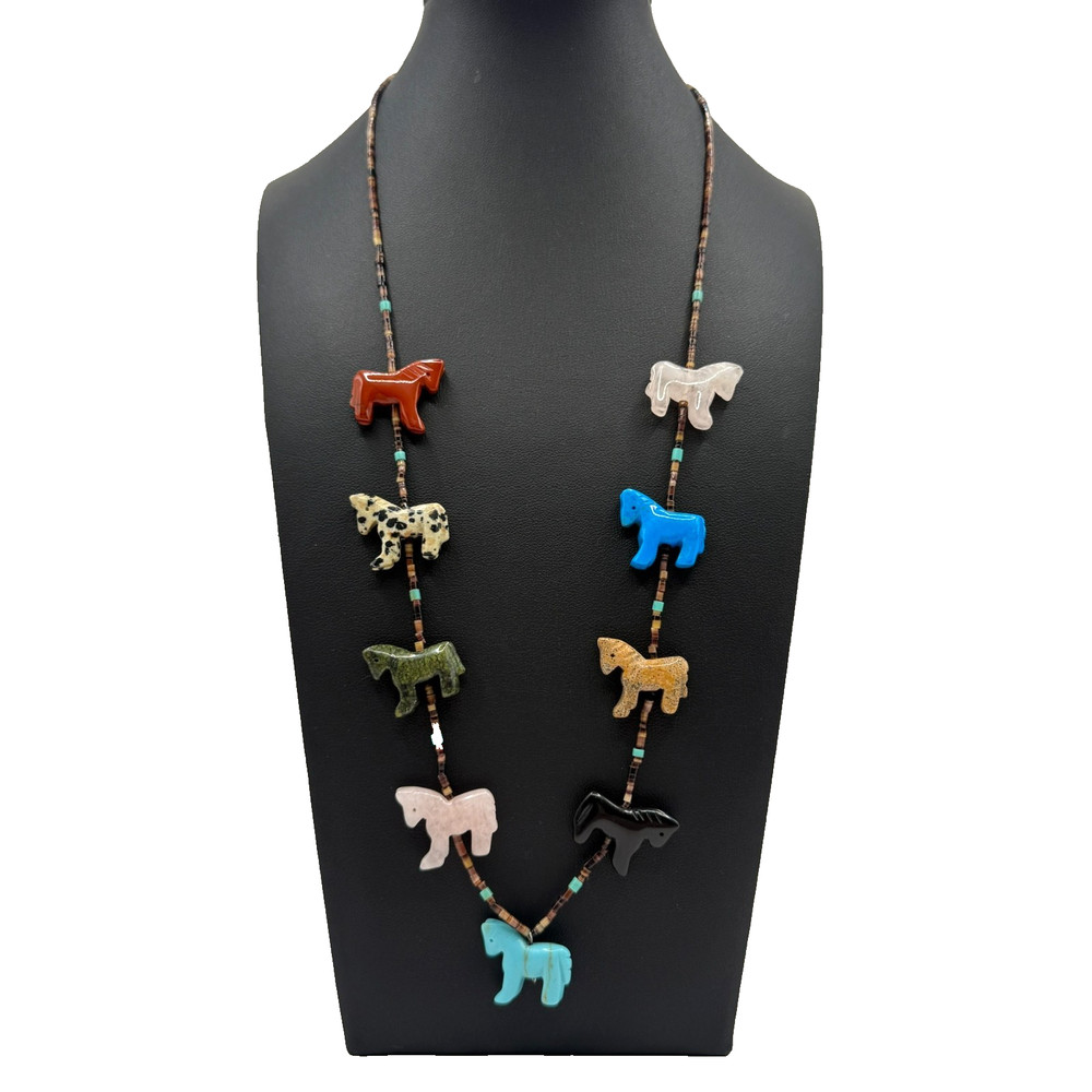 Vintage Carved 9 Horse Fetish Beaded Necklace 24″ Long Multi Stone Southwestern