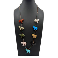 Vintage Carved 9 Horse Fetish Beaded Necklace 24″ Long Multi Stone Southwestern