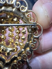 Vintage Gold Tone Red And Pink Dangling Lace Border Brooch