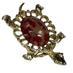 Gerry’s Turtle Brooch Gold Tone Red Lucite Cabochon Tortoise Vintage Pin