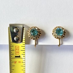 Halo Aquamarine Blue Rhinestone Vintage Gold Tone Vargas Screw Back Earrings