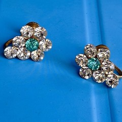 Vintage Crystal Rhinestone Flower Screw Back Earrings Aqua Blue Gold Tone