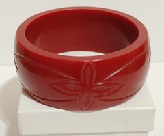 Chunky Burgundy Red Bangle Bracelet Carved Molded Modernist Resin Flowers