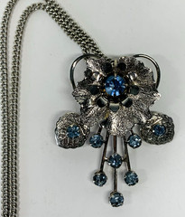 Vtg Pendant Brooch Pin & Earrings Blue Rhinestone Silver Tone Design by Anthony