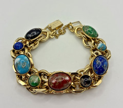 Vintage Bracelet Chunky Gold Tone Multi Color Cabochon Curb Link Safety Chain