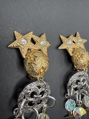 Kirks Folly Signed Silver Gold Tone Dangle Stars Moon Crystal Earrings C81