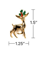Vintage Christmas Brooch Pin Reindeer Fawn Deer with Holly Metal Shiny