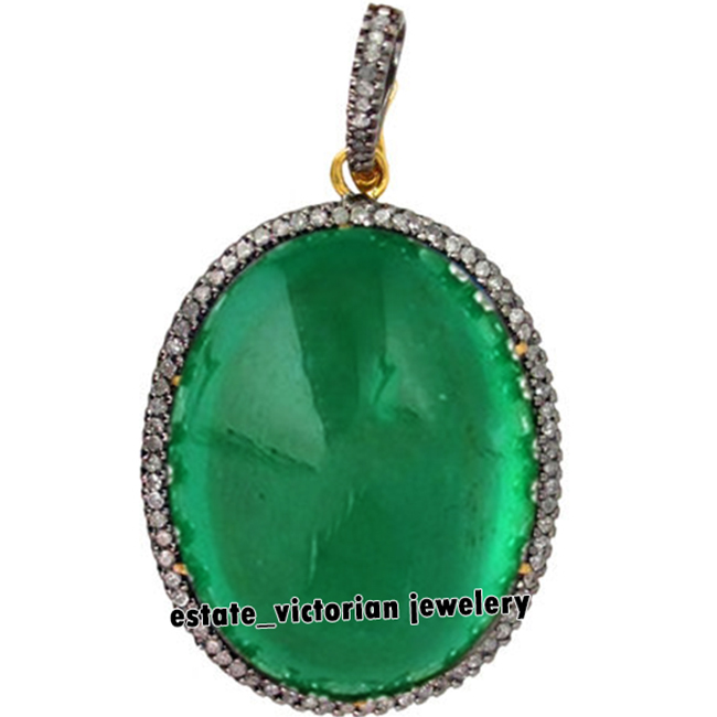 Vintage 1.35ctw Rose Cut Diamond Emerald Studded Silver Gorgeous Pendant Jewelry