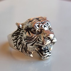 Ancient Antique Tiger Ring Viking Silver color Engraved Size 9