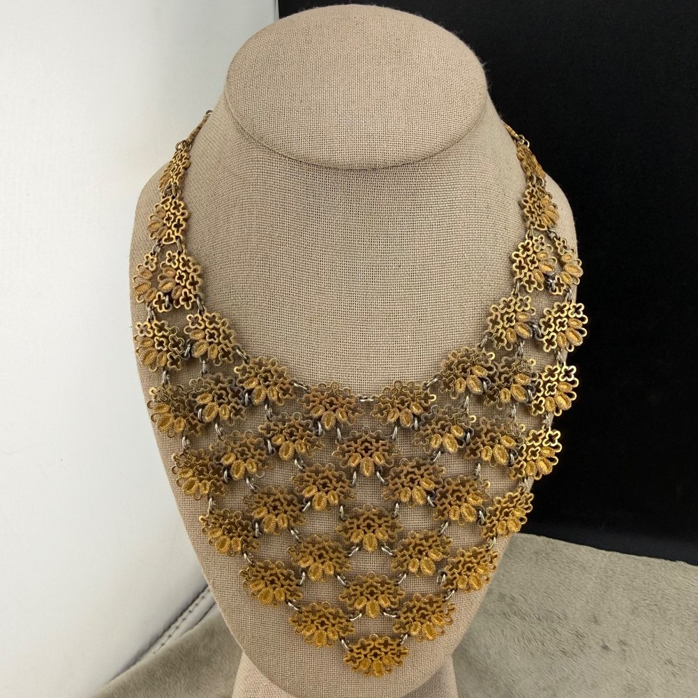 Vintage Monet Bib Necklace Runway Cleopatra Gold Tone Signed 17”