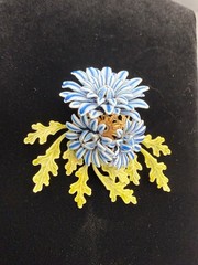 Vintage Corocraft enamel flower Brooch Pin with leaves blue green signed 50s-60s