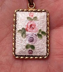 Vintage Guilloche Enamel Pendant Necklace Roses