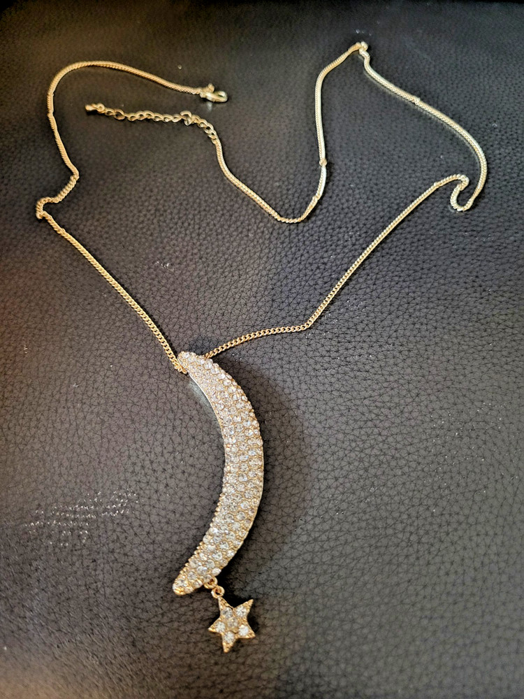Vintage Gold tone Crescent Moon and Star Necklace with clear stones