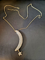 Vintage Gold tone Crescent Moon and Star Necklace with clear stones