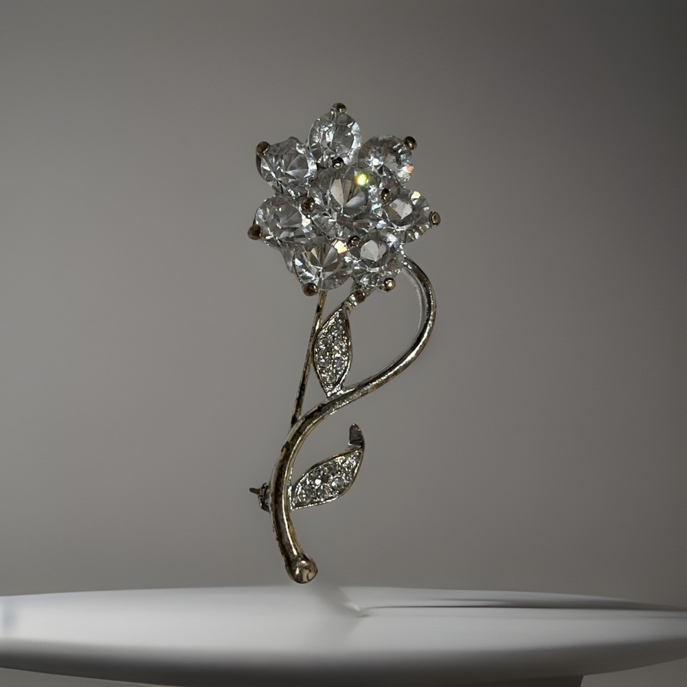 Vintage Rhinestone Flower Brooch Sparkling Clear Stones Silver Tone Pin 2 Inches