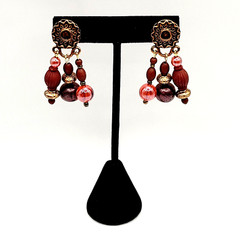 Burgundy Cranberry Copper Colored Multi Shape & Strand Bead Pierced Vtg Earrings