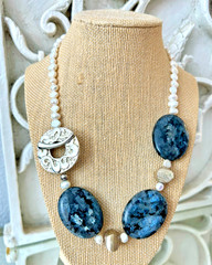GENUINE PEARL NECKLACE Chunky Gemstone Labradorite & Baroque Pearl Artisan OOAK